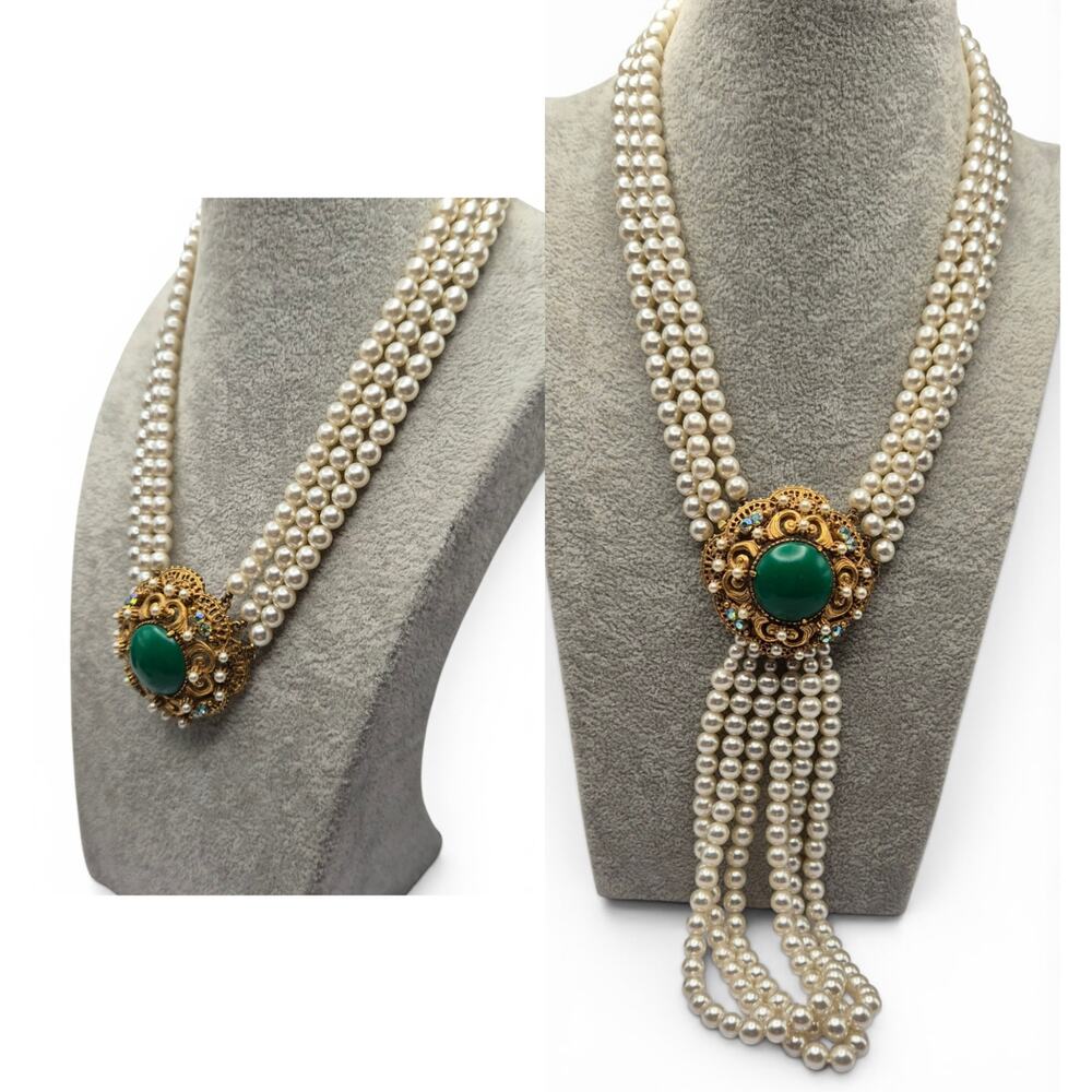 Vintage Florenza Triple Strand Faux Pearl Tassel Necklace Green Cabochon - RARE